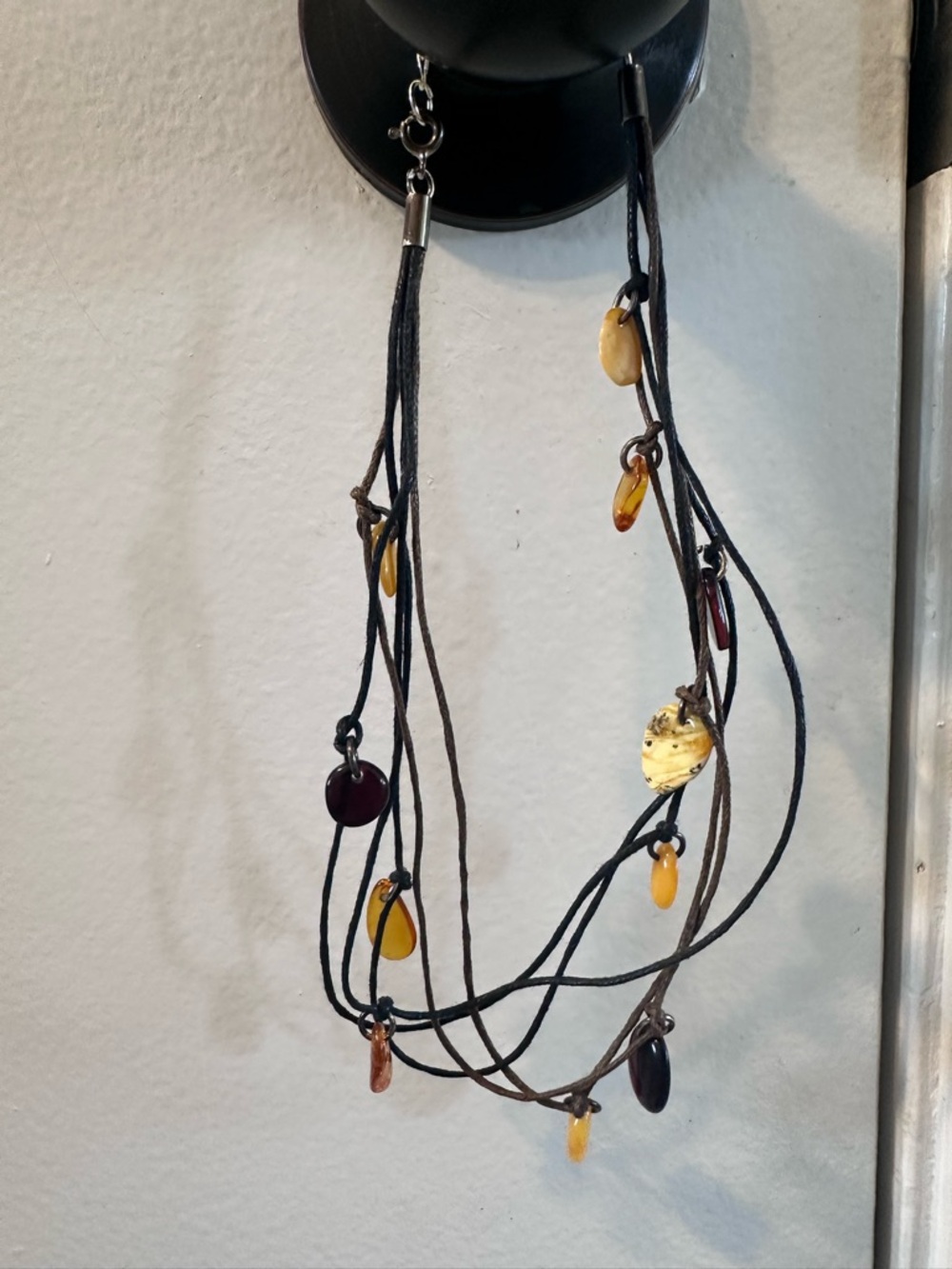 Multi-Strand Black Cord Necklace with Authentic Amber